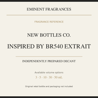 New Bottles Co. Inspired by BR540 Extrait Decant fragrance reference card. Independently prepared decant. Original retail bottle and packaging not included.