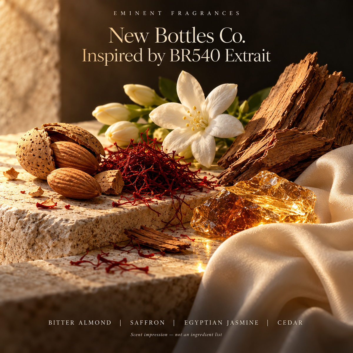 New Bottles Co. Inspired by BR540 Extrait Decant scent-note artwork: Top: Bitter almond, saffron | Heart: Egyptian jasmine, cedar | Base: Ambergris accord, woody notes, musk. Artistic scent impression, not an ingredient list or items supplied.