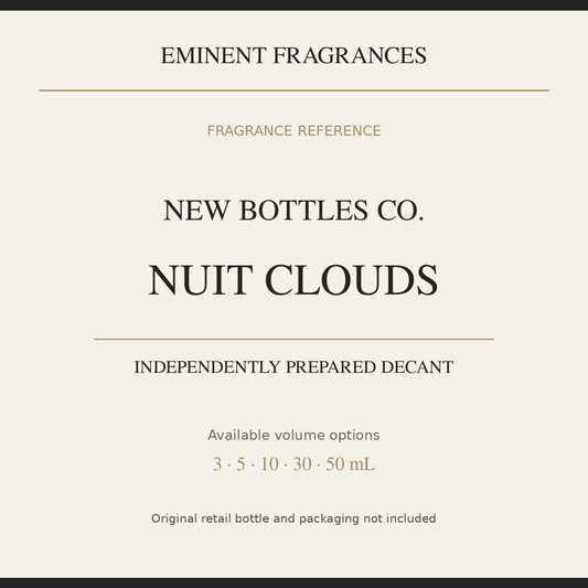 New Bottles Co. Nuit Clouds — independently prepared Eminent Fragrances decant. Original retail bottle not included.
