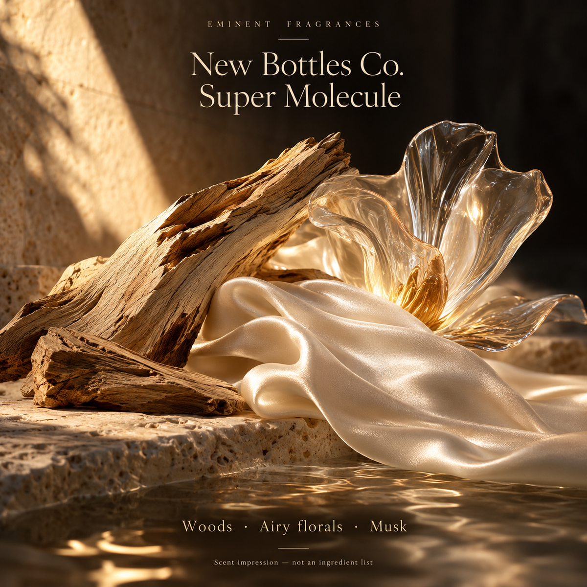 New Bottles Co. Super Molecule Decant fragrance family artwork: woods, airy florals and musk, represented by wood, glass petals and ivory silk. Artistic scent impression, not an ingredient list.