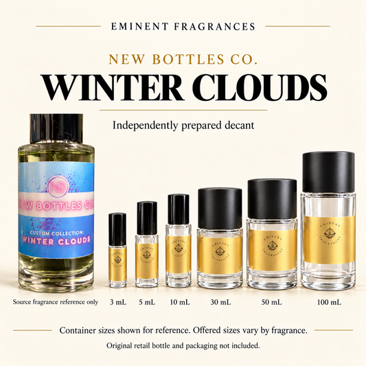 New Bottles Co. Winter Clouds Decant source fragrance bottle beside Eminent Fragrances decant lineup. Independent decant; original retail bottle and packaging not included.