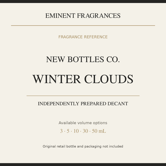New Bottles Co. Winter Clouds — independently prepared Eminent Fragrances decant. Original retail bottle not included.