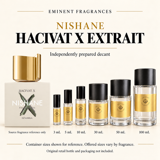 Nishane Hacivat X Extrait Decant source fragrance bottle beside Eminent Fragrances decant lineup. Independent decant; original retail bottle and packaging not included.