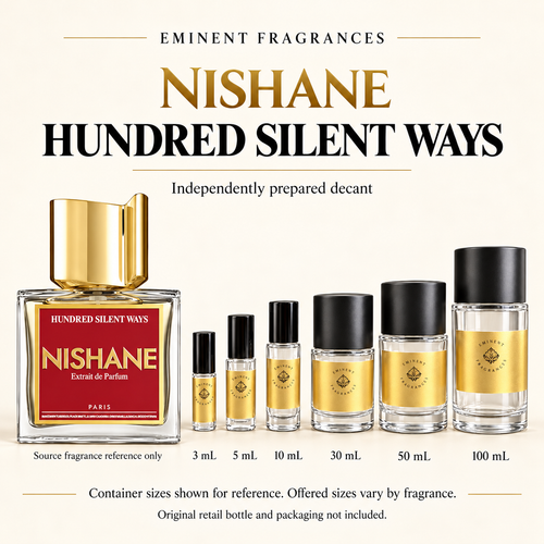 Nishane Hundred Silent Ways Decant source fragrance bottle beside Eminent Fragrances decant lineup. Independent decant; original retail bottle and packaging not included.