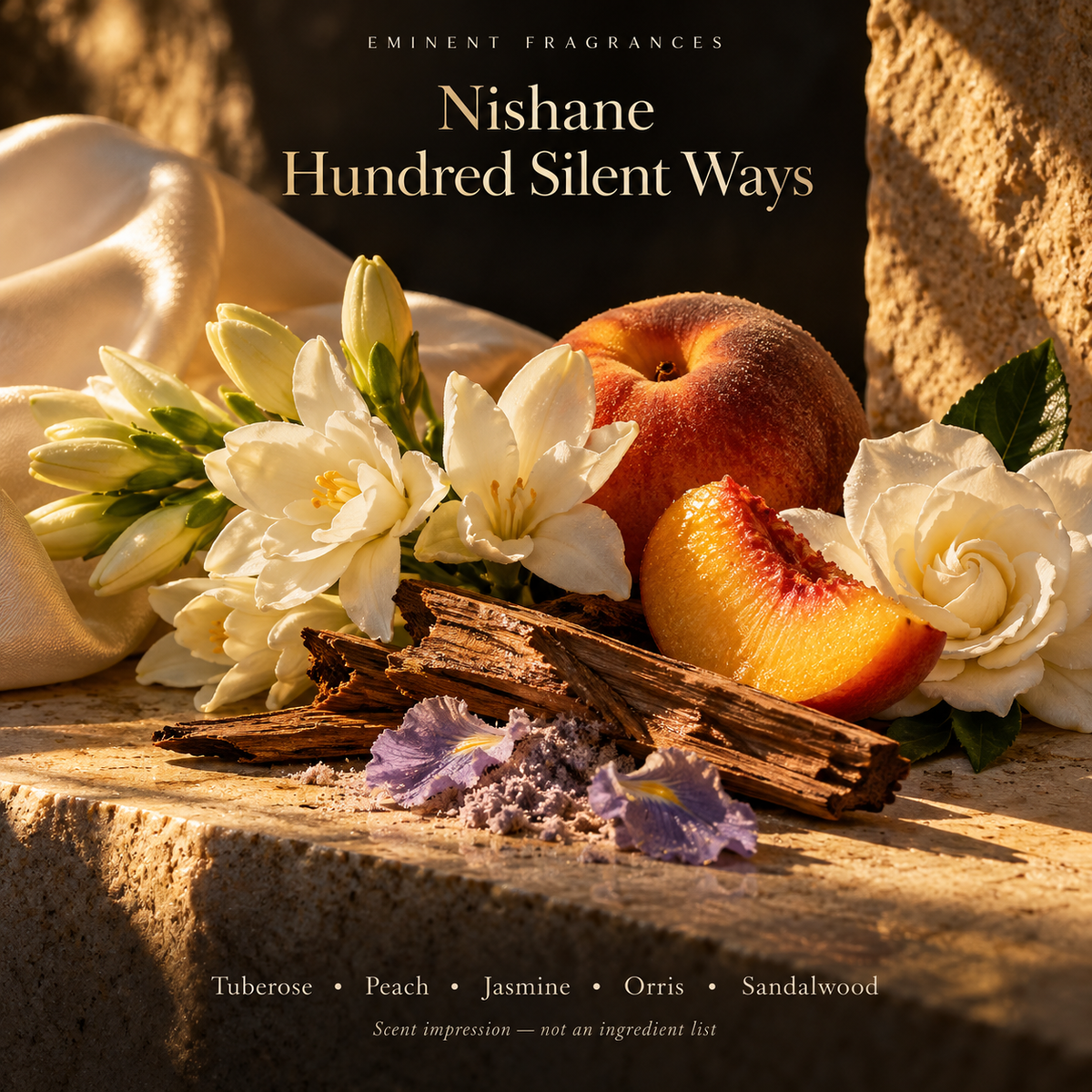 Nishane Hundred Silent Ways Decant scent-note artwork: Tuberose • Mandarin • Peach • Jasmine • Gardenia • Orris • Vanilla • Sandalwood • Vetiver. Artistic scent impression, not an ingredient list or items supplied.