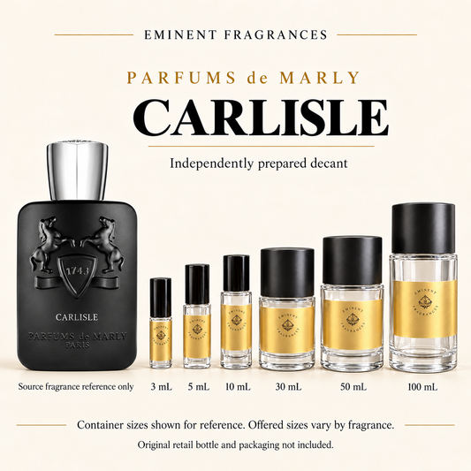 Parfums de Marly Carlisle Decant source fragrance bottle beside Eminent Fragrances decant lineup. Independent decant; original retail bottle and packaging not included.