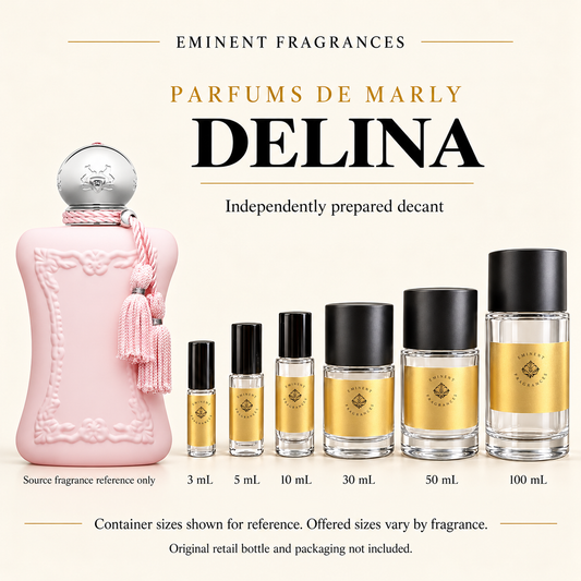 Parfums de Marly Delina Decant source fragrance bottle beside Eminent Fragrances six-container decant lineup. Independent decant; original retail bottle and packaging not included.