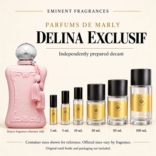 Parfums de Marly Delina Exclusif Decant source fragrance bottle beside Eminent Fragrances six-container decant lineup. Independent decant; original retail bottle and packaging not included.