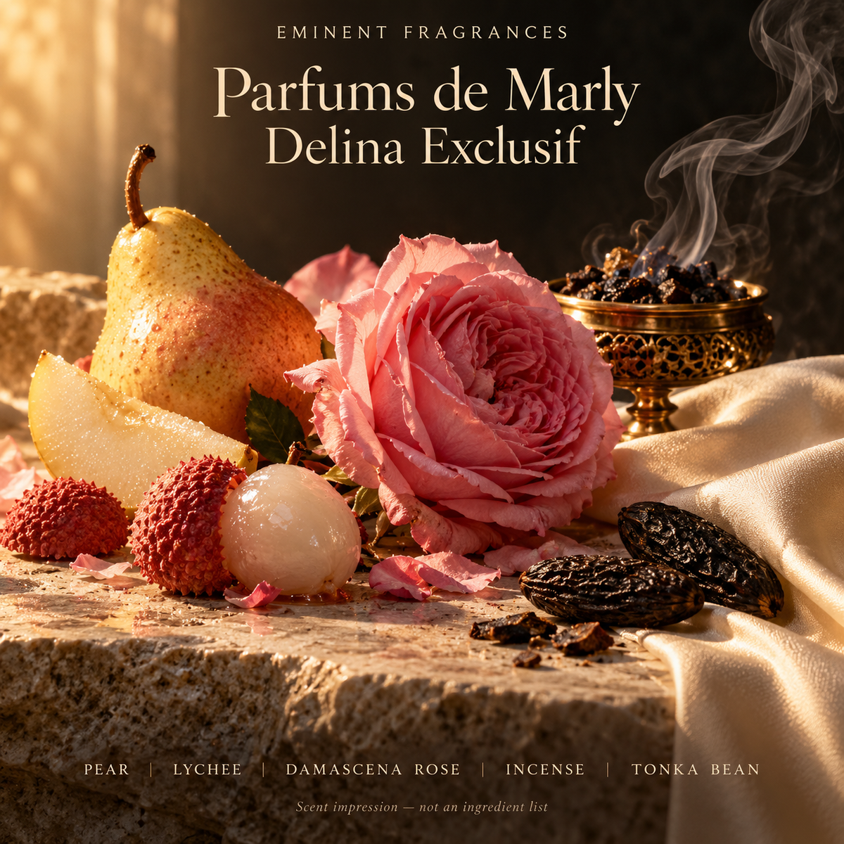 Parfums de Marly Delina Exclusif Decant scent-note artwork: Top: Bergamot, Pear, Lychee | Heart: Damascena rose, Incense | Base: Vanilla, Musk, Moss, Tonka bean. Artistic scent impression, not an ingredient list or items supplied.