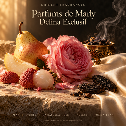 Parfums de Marly Delina Exclusif Decant scent-note artwork: Top: Bergamot, Pear, Lychee | Heart: Damascena rose, Incense | Base: Vanilla, Musk, Moss, Tonka bean. Artistic scent impression, not an ingredient list or items supplied.