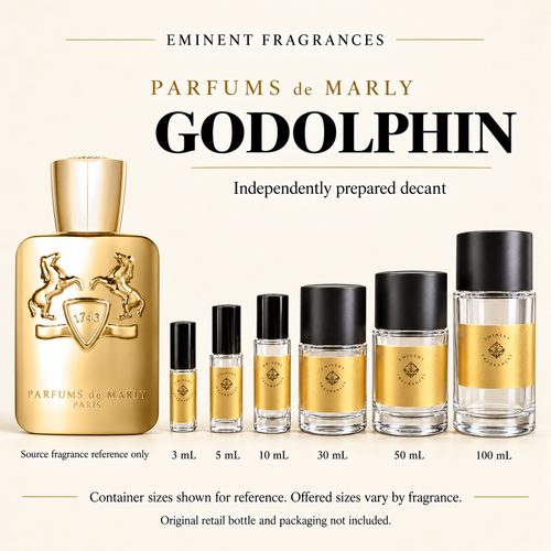 Parfums de Marly Godolphin Decant source fragrance bottle beside Eminent Fragrances decant lineup. Independent decant; original retail bottle and packaging not included.