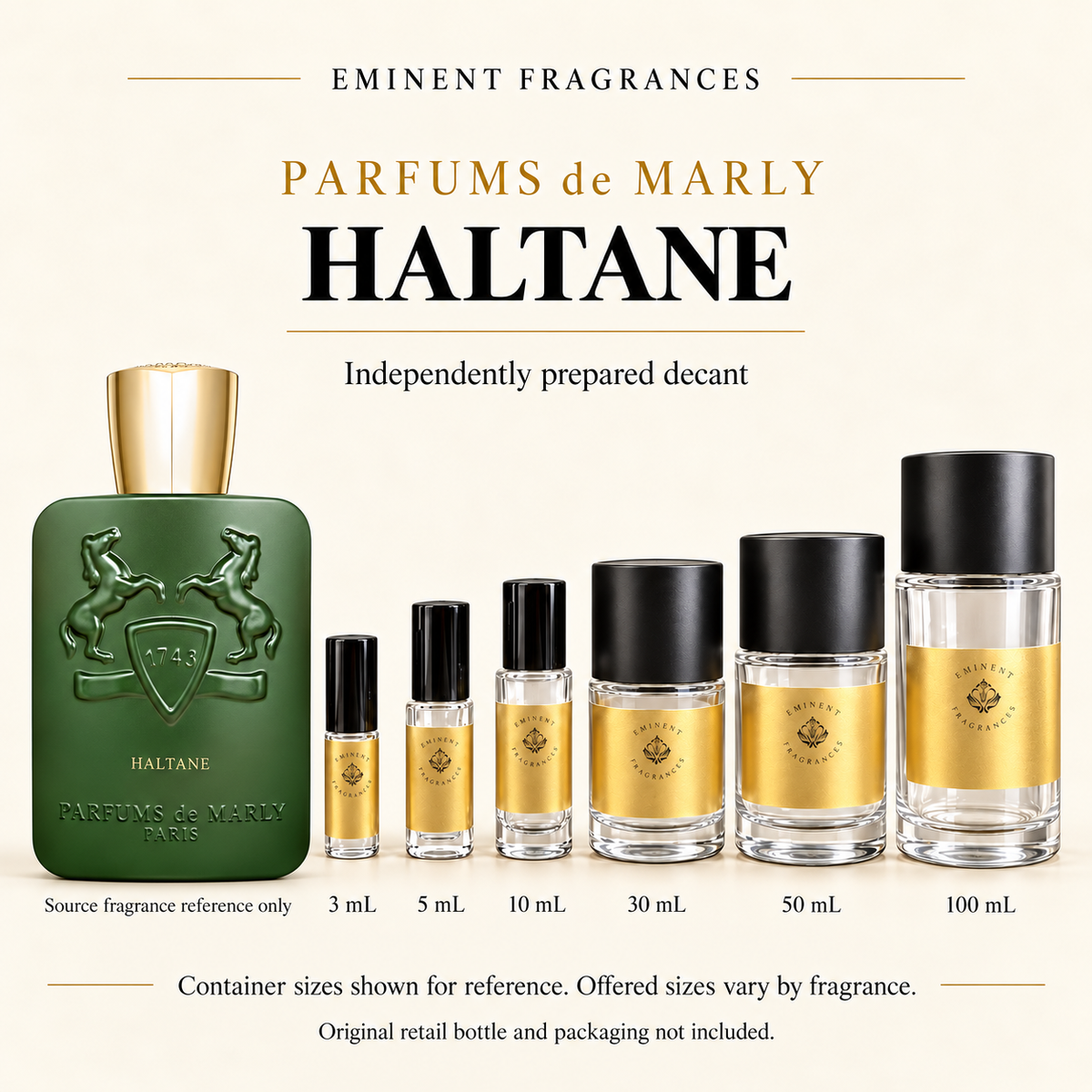 Parfums de Marly Haltane Decant source fragrance bottle beside Eminent Fragrances decant lineup. Independent decant; original retail bottle and packaging not included.