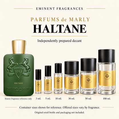 Parfums de Marly Haltane Decant source fragrance bottle beside Eminent Fragrances decant lineup. Independent decant; original retail bottle and packaging not included.