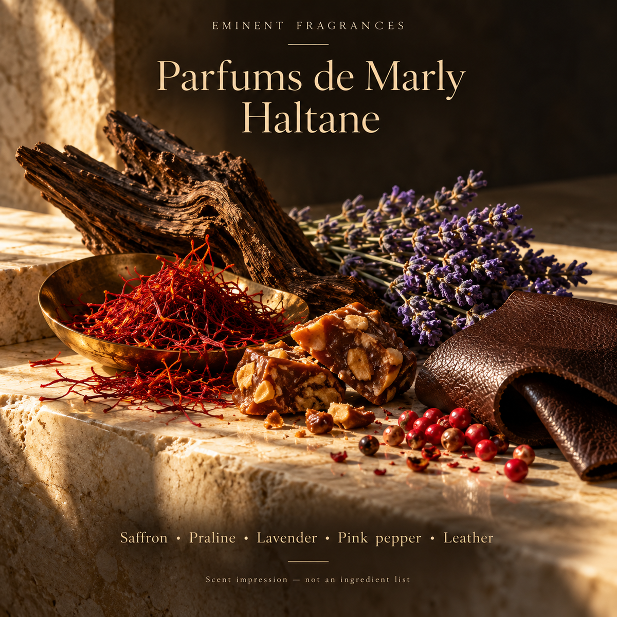 Parfums de Marly Haltane Decant scent-note artwork: Bergamot • Pink pepper • Saffron • Praline • Lavender • Clary sage • Oud • Patchouli • Vetiver • Leather. Artistic scent impression, not an ingredient list or items supplied.