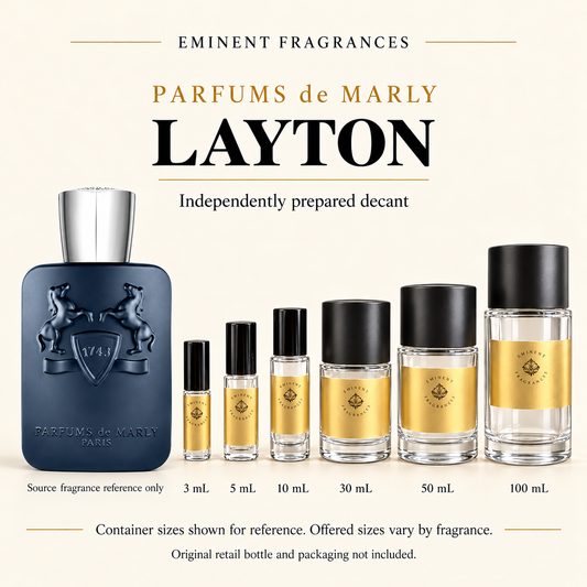 Parfums de Marly Layton Decant source fragrance bottle beside Eminent Fragrances decant lineup. Independent decant; original retail bottle and packaging not included.
