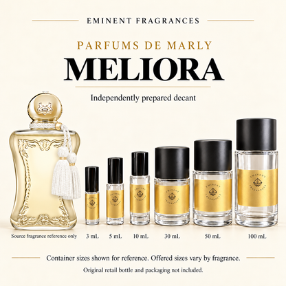 Parfums de Marly Meliora Decant source fragrance bottle beside Eminent Fragrances six-container decant lineup. Independent decant; original retail bottle and packaging not included.