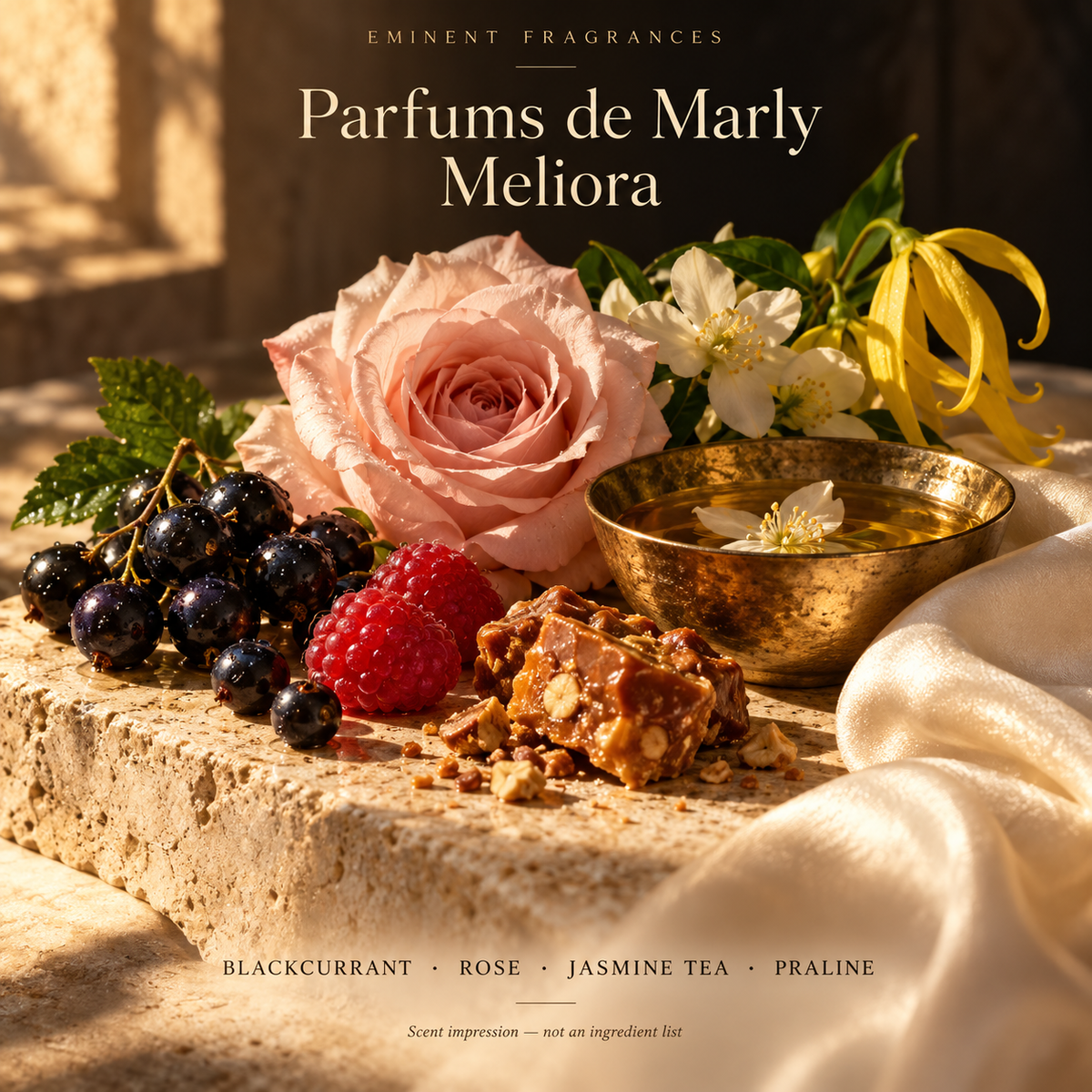 Parfums de Marly Meliora Decant scent-note artwork: Top: Blackcurrant, Raspberry, Lemon | Heart: Rose, Ylang-ylang, Jasmine tea | Base: Vanilla, Musk, Praline. Artistic scent impression, not an ingredient list or items supplied.