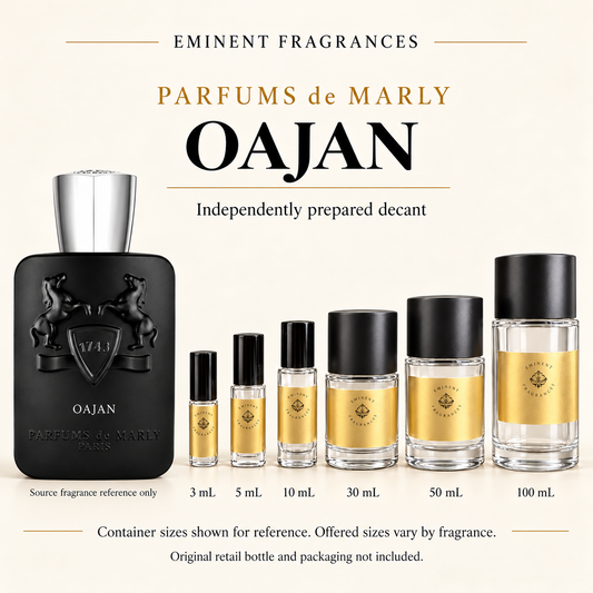 Parfums de Marly Oajan Decant source fragrance bottle beside Eminent Fragrances six-container decant lineup. Independent decant; original retail bottle and packaging not included.