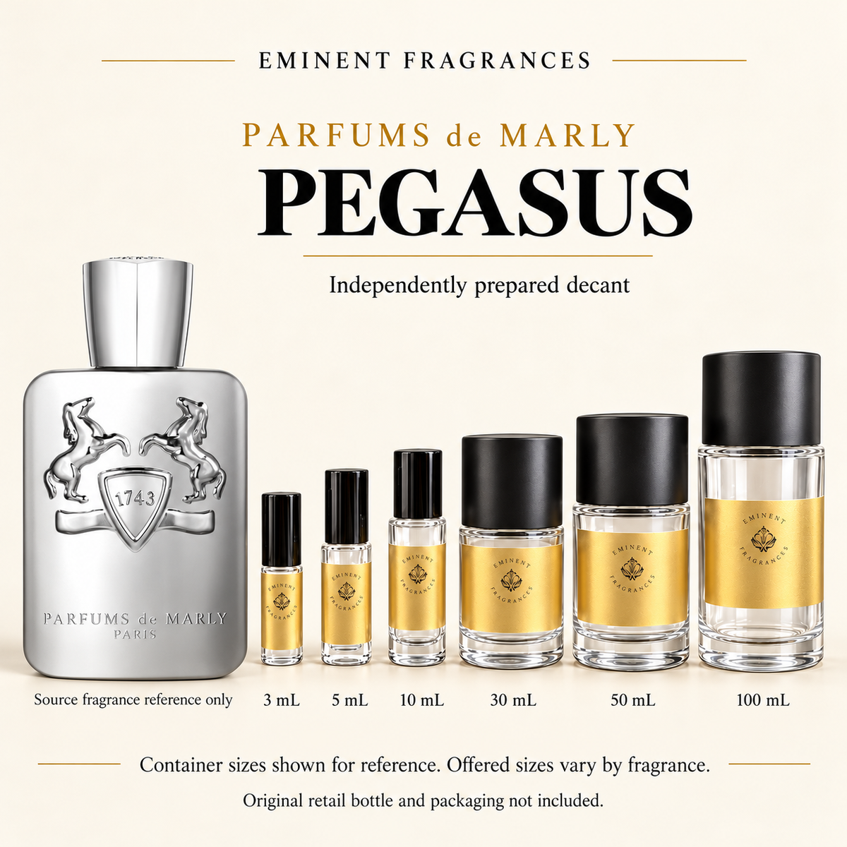 Parfums de Marly Pegasus Decant source fragrance bottle beside Eminent Fragrances six-container decant lineup. Independent decant; original retail bottle and packaging not included.