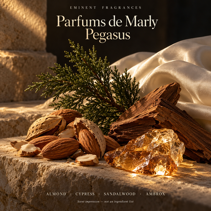 Parfums de Marly Pegasus Decant scent-note artwork: Top: Anise, Bergamot, Almond | Heart: Cypress, Violet leaf, Orange blossom | Base: Ambrox, Vanilla, Sandalwood. Artistic scent impression, not an ingredient list or items supplied.