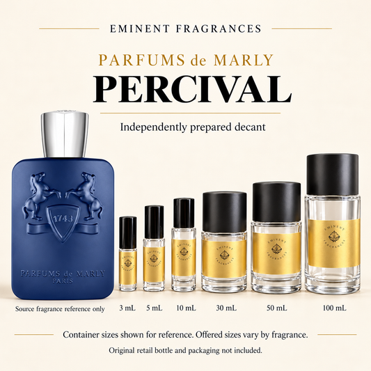 Parfums de Marly Percival Decant source fragrance bottle beside Eminent Fragrances six-container decant lineup. Independent decant; original retail bottle and packaging not included.