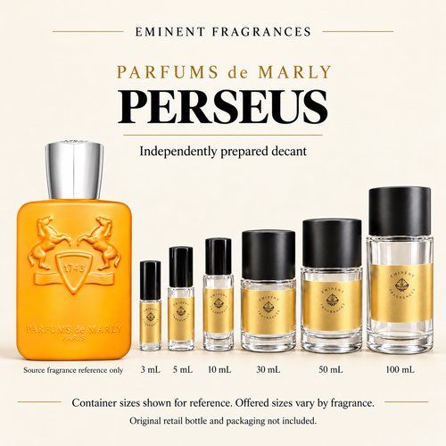Parfums de Marly Perseus Decant source fragrance bottle beside Eminent Fragrances six-container decant lineup. Independent decant; original retail bottle and packaging not included.