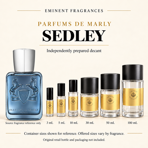Parfums de Marly Sedley Decant source fragrance bottle beside Eminent Fragrances six-container decant lineup. Independent decant; original retail bottle and packaging not included.