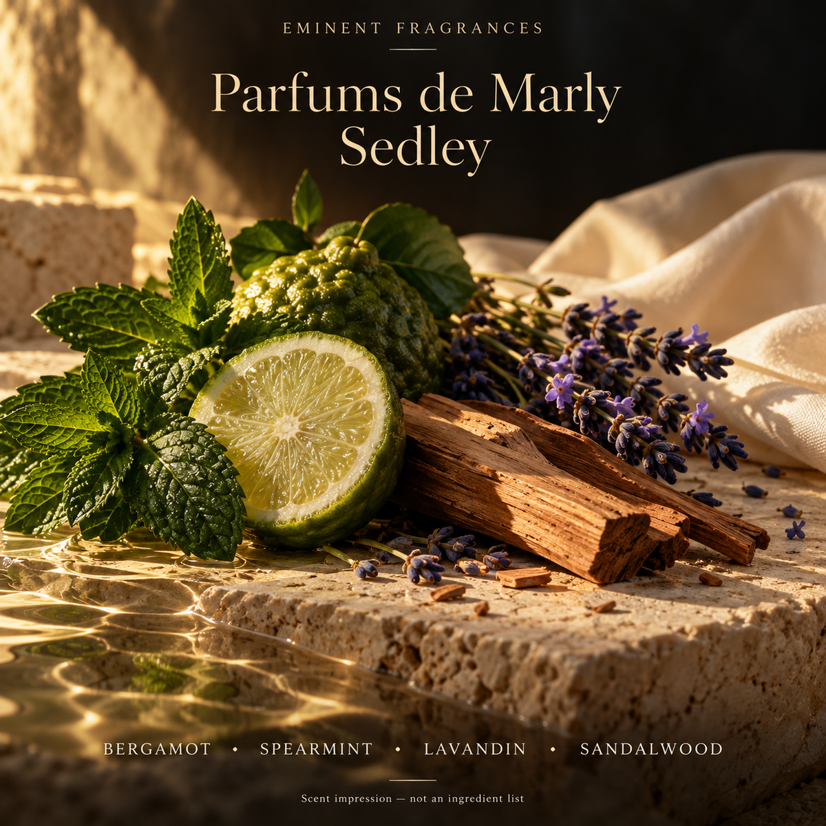 Parfums de Marly Sedley Decant scent-note artwork: Bergamot • Spearmint • Orange • Geranium • Lavandin • Pine • Sandalwood • Ambrox • Musk. Artistic scent impression, not an ingredient list or items supplied.