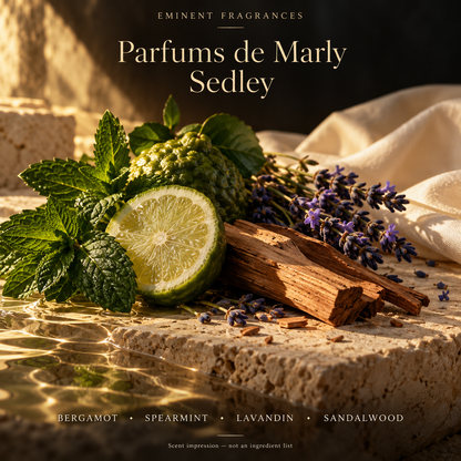 Parfums de Marly Sedley Decant scent-note artwork: Bergamot • Spearmint • Orange • Geranium • Lavandin • Pine • Sandalwood • Ambrox • Musk. Artistic scent impression, not an ingredient list or items supplied.