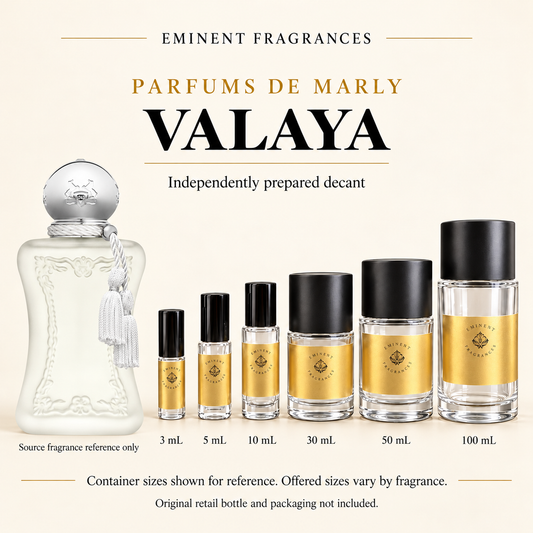 Parfums de Marly Valaya Decant source fragrance bottle beside Eminent Fragrances six-container decant lineup. Independent decant; original retail bottle and packaging not included.