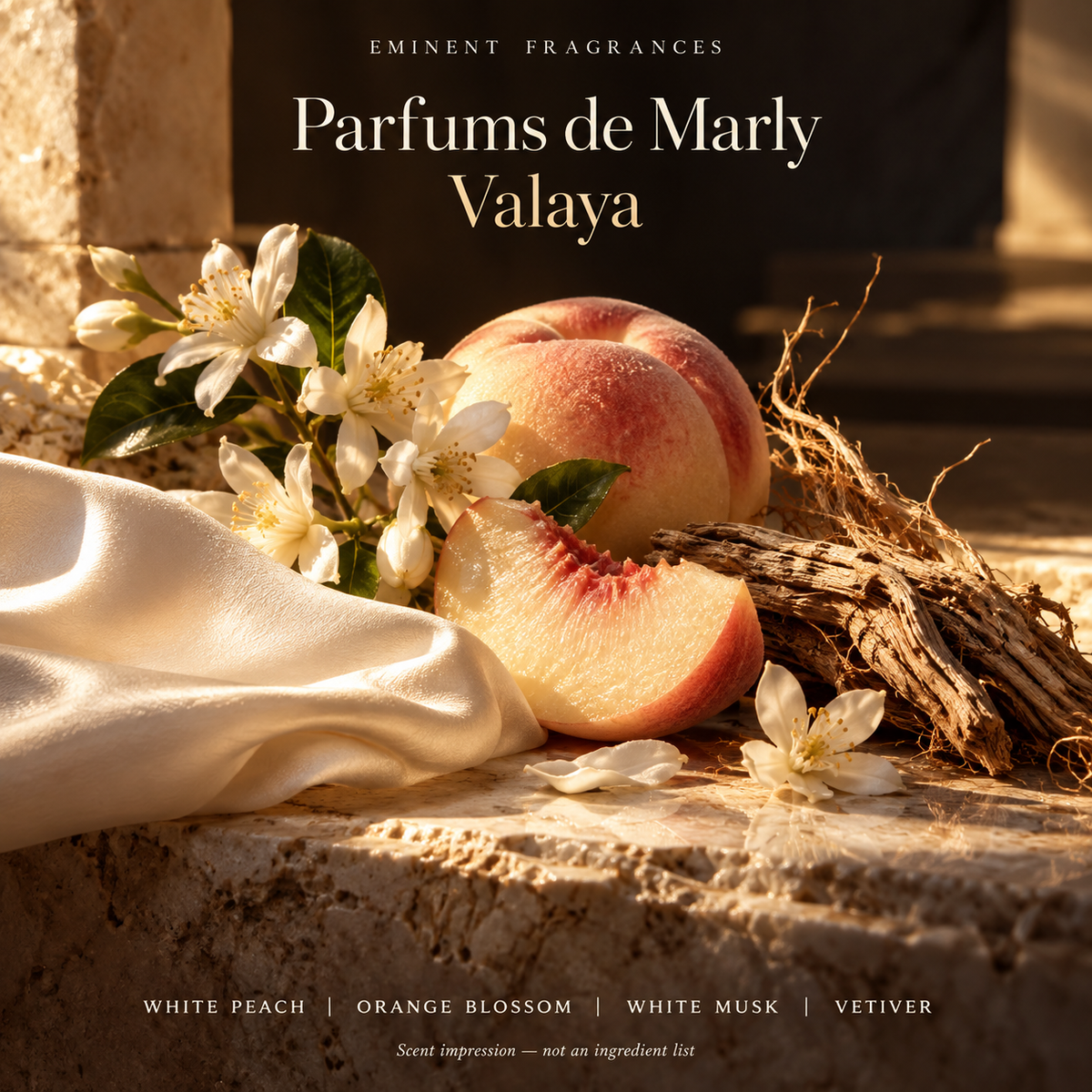Parfums de Marly Valaya Decant scent-note artwork: Top: Bergamot, Mandarin, White peach | Heart: Orange blossom, White flowers | Base: White musk, Akigalawood, Vanilla, Vetiver. Artistic scent impression, not an ingredient list or items supplied.