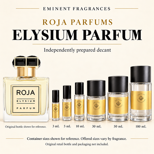 Roja Elysium Parfum original retail bottle shown for reference alongside six Eminent Fragrances decant containers. Original retail bottle and packaging not included.