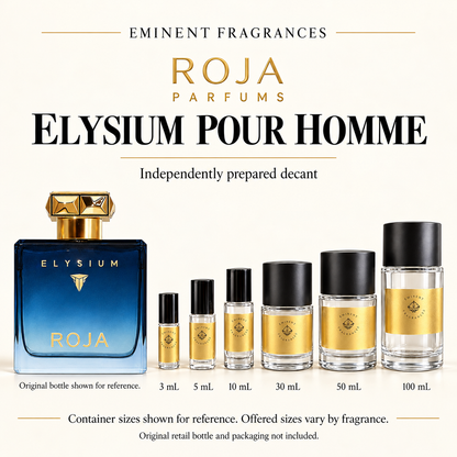 Roja Elysium Pour Homme original retail bottle shown for reference alongside six Eminent Fragrances decant containers. Original retail bottle and packaging not included.