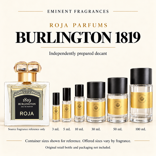 Roja Parfums Burlington 1819 Decant source fragrance bottle beside Eminent Fragrances six-container decant lineup. Independent decant; original retail bottle and packaging not included.
