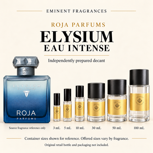 Roja Parfums Elysium Eau Intense Decant source fragrance bottle beside Eminent Fragrances six-container decant lineup. Independent decant; original retail bottle and packaging not included.