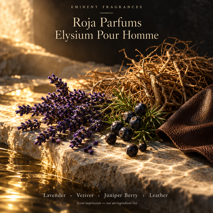 Roja Parfums Elysium Pour Homme Decant scent-note artwork: Top: Lemon, Bergamot, Grapefruit, Lime, Lavender, Thyme, Artemisia, Musk | Heart: Lily of the valley, Rose, Jasmine, Apple, Blackcurrant | Base: Galbanum, Pink pepper, Cypriol, Vetiver, Cedarwood, Juniper berry, Benzoin, Vanilla, Labdanum, Leather, Ambergris, Musk. Artistic scent impression, not an ingredient list or items supplied.