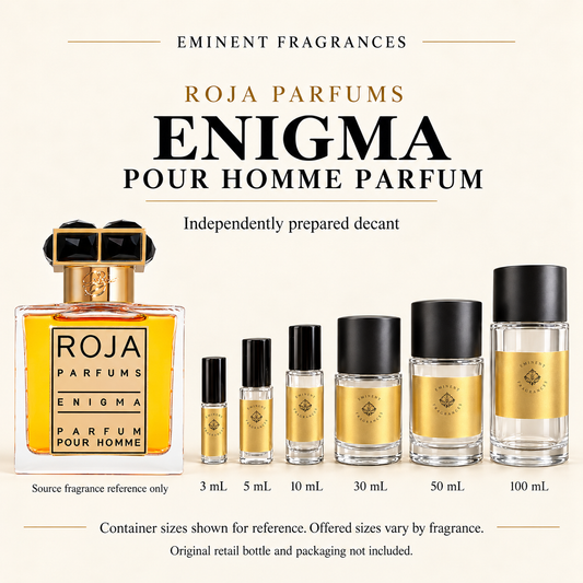 Roja Parfums Enigma Pour Homme Parfum Decant source fragrance bottle beside Eminent Fragrances decant lineup. Independent decant; original retail bottle and packaging not included.