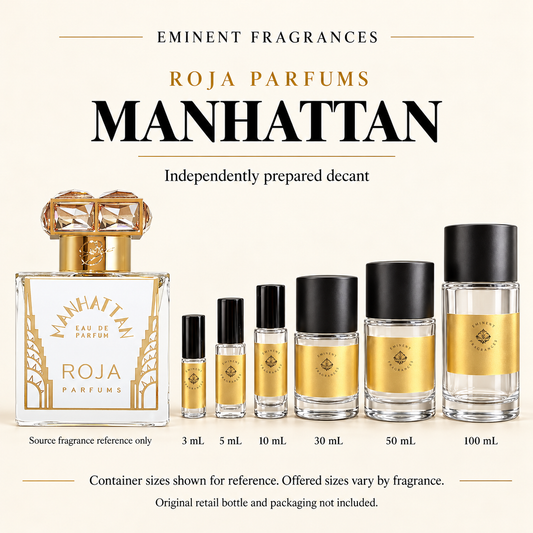 Roja Parfums Manhattan Decant source fragrance bottle beside Eminent Fragrances decant lineup. Independent decant; original retail bottle and packaging not included.