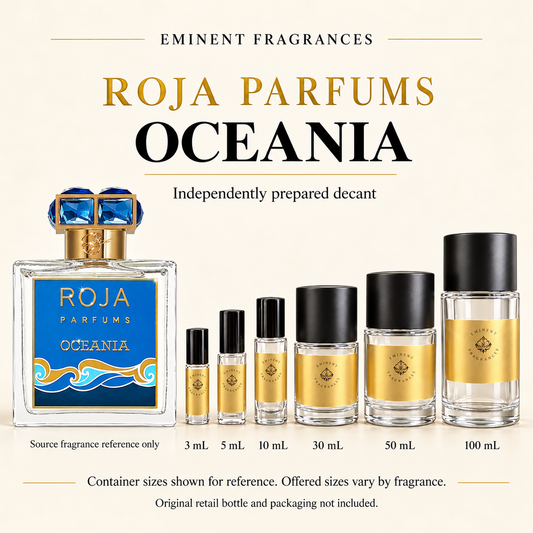 Roja Parfums Oceania Decant source fragrance bottle beside Eminent Fragrances decant lineup. Independent decant; original retail bottle and packaging not included.