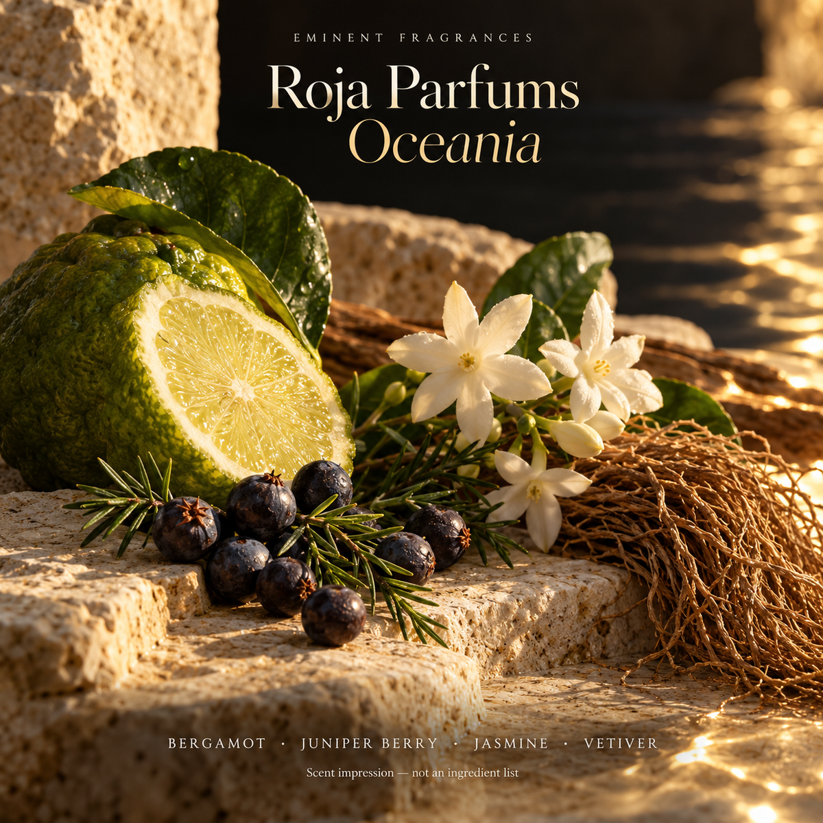 Roja Parfums Oceania Decant scent-note artwork: Top: Lemon, Bergamot, Grapefruit, Lime, Mandarin, Litsea cubeba, Rosemary, Thyme, Lavandin, Juniper berry | Heart: Geranium, Jasmine, Ylang-ylang, Violet, Jasmine sambac | Base: Galbanum, Moss, Vetiver, Cedarwood, Sandalwood, Benzoin, Vanilla, Orris, Labdanum, Musk. Artistic scent impression, not an ingredient list or items supplied.