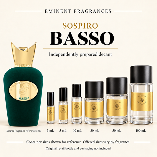 Sospiro Basso Decant source fragrance bottle beside Eminent Fragrances decant lineup. Independent decant; original retail bottle and packaging not included.