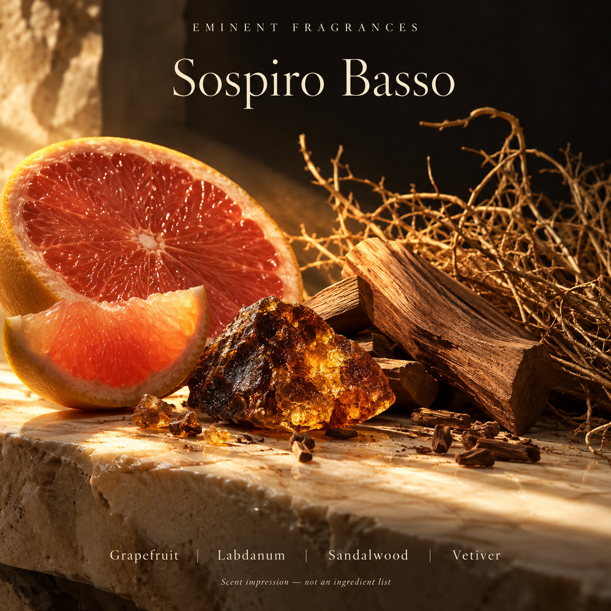 Sospiro Basso Decant scent-note artwork: Top notes: Grapefruit | Heart notes: Mayflower, Carnation, Labdanum | Base notes: Sandalwood, Vetiver, Celery seed, Black pepper, Pink pepper, Galbanum, Nutmeg, Guaiac wood, Oakmoss, Cedarwood. Artistic scent impression, not an ingredient list or items supplied.