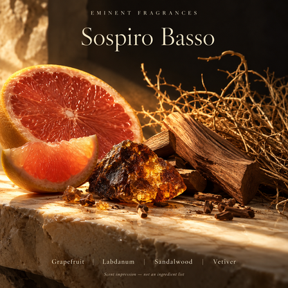Sospiro Basso Decant scent-note artwork: Top notes: Grapefruit | Heart notes: Mayflower, Carnation, Labdanum | Base notes: Sandalwood, Vetiver, Celery seed, Black pepper, Pink pepper, Galbanum, Nutmeg, Guaiac wood, Oakmoss, Cedarwood. Artistic scent impression, not an ingredient list or items supplied.