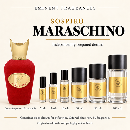 Sospiro Maraschino Decant source fragrance bottle beside Eminent Fragrances decant lineup. Independent decant; original retail bottle and packaging not included.