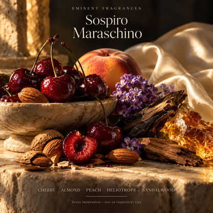 Sospiro Maraschino Decant scent-note artwork: Top notes: Cherry, Almond, Strawberry, Apple, Peach, Jasmine, Rose | Heart notes: Heliotrope, Mimosa, Orris, Vetiver | Base notes: Patchouli, Sandalwood, Tonka bean, Musk, Amber, Vanilla. Artistic scent impression, not an ingredient list or items supplied.