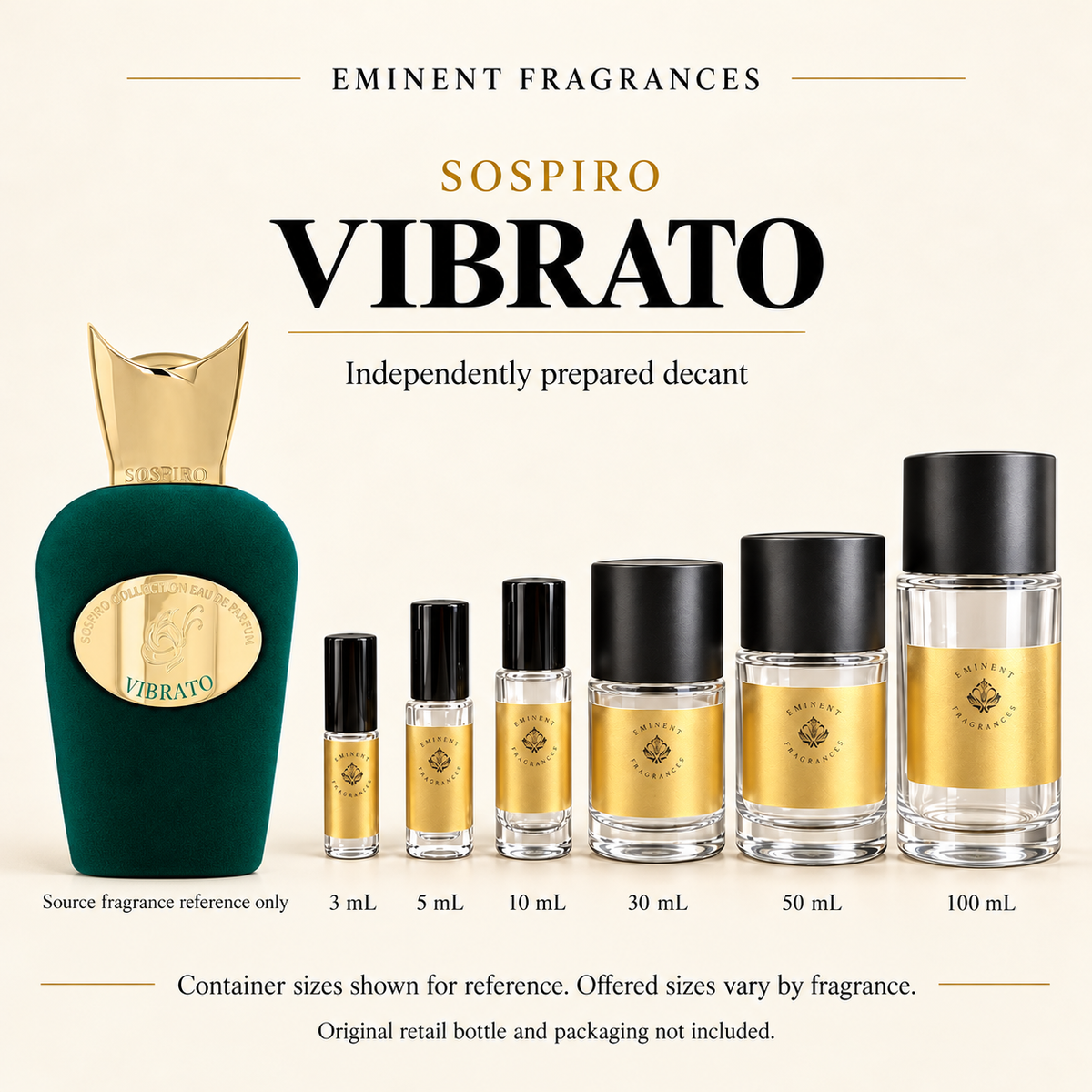 Sospiro Vibrato Decant source fragrance bottle beside Eminent Fragrances decant lineup. Independent decant; original retail bottle and packaging not included.