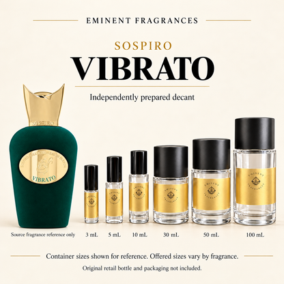 Sospiro Vibrato Decant source fragrance bottle beside Eminent Fragrances decant lineup. Independent decant; original retail bottle and packaging not included.