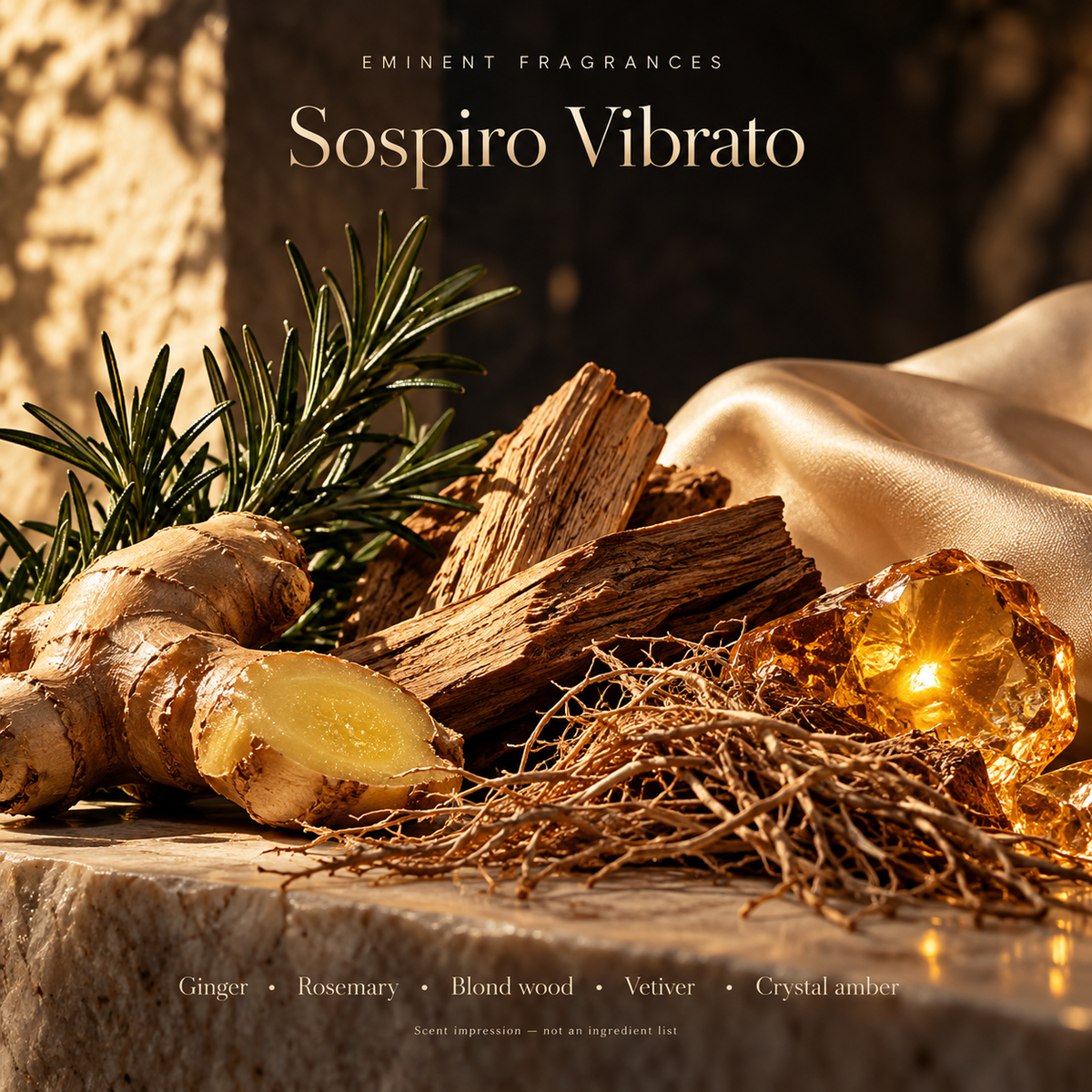 Sospiro Vibrato Decant scent-note artwork: Top: Grapefruit, Bergamot, Mandarin, Ginger, Rosemary | Heart: Magnolia, Damask rose, Blond wood | Base: Vetiver, Patchouli, Sandalwood, Musk, Crystal amber, Tonka bean. Artistic scent impression, not an ingredient list or items supplied.