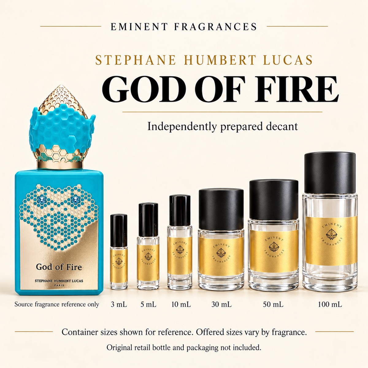Stephane Humbert Lucas God Of Fire Decant source fragrance bottle beside Eminent Fragrances decant lineup. Independent decant; original retail bottle and packaging not included.