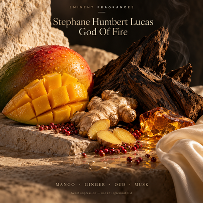 Stephane Humbert Lucas God Of Fire Decant scent-note artwork: Mango · Lemon · Pink berries · Ginger · Blue coumarin · Jasmine · Dry woods · Oud · Nagarmotha · Musk · Amber. Artistic scent impression, not an ingredient list or items supplied.